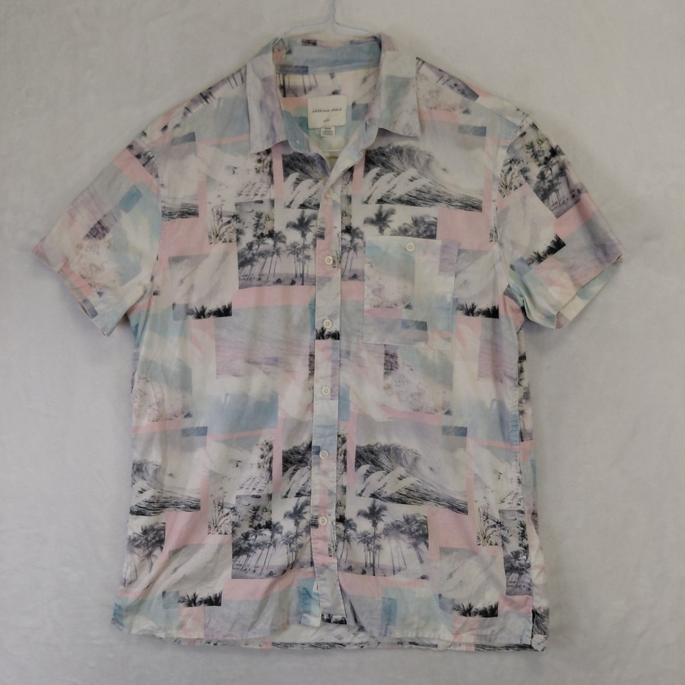 American Eagle Flex Men Medium Tropical Photo Print Short Sleeve Button Up Shirt